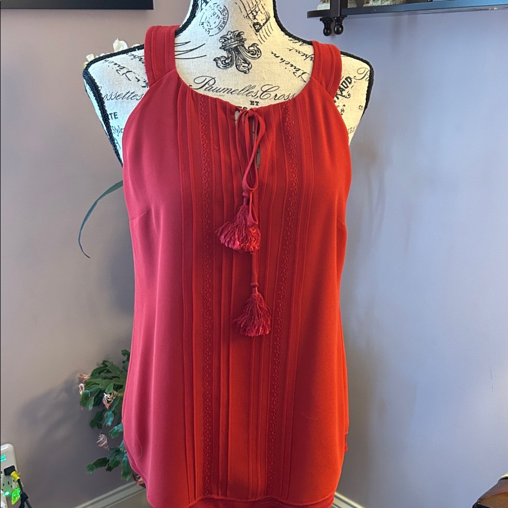 White House Black Market Red Tassel Blouse
